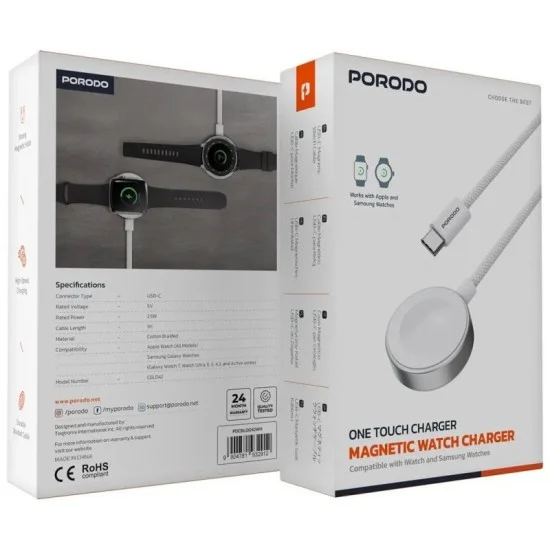 Porodo One Touch Charger Magnetic Watch Charger - White